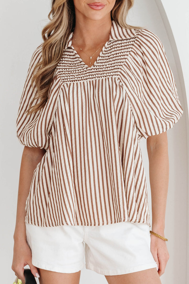 Brown Stripe Shirred V Neck Short Puff Sleeve Blouse