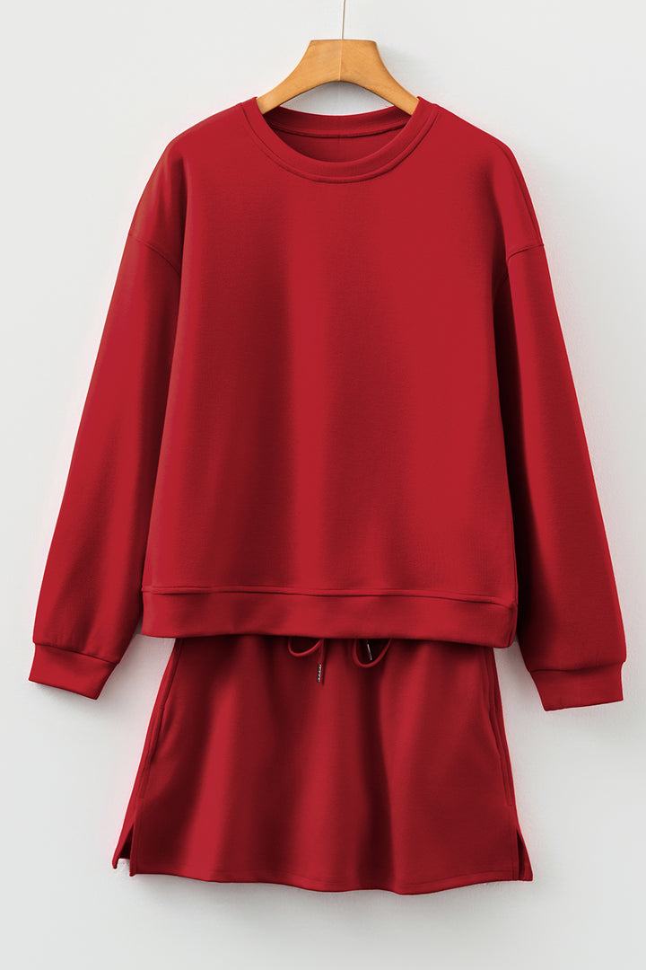 Jet Stream Solid Color Drop Shoulder Pullover Drawstring Mini Skirt 2pcs Outfit