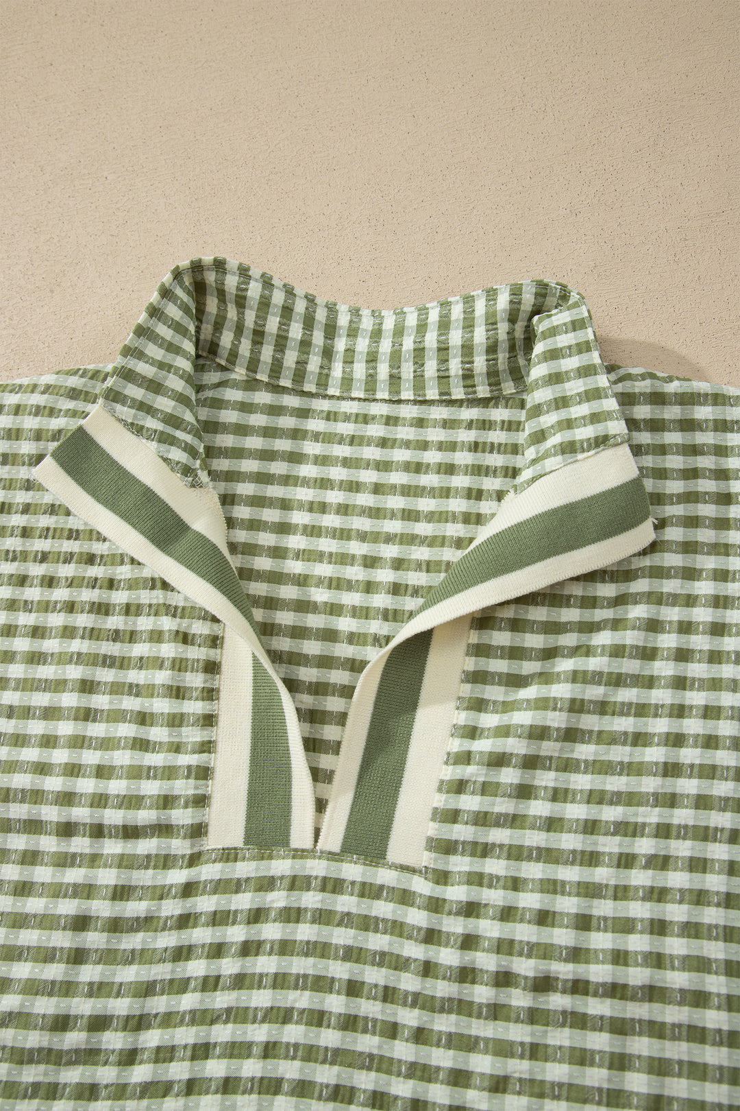 Red Plaid Short Sleeve Colorblock Trim Split Neck Blouse