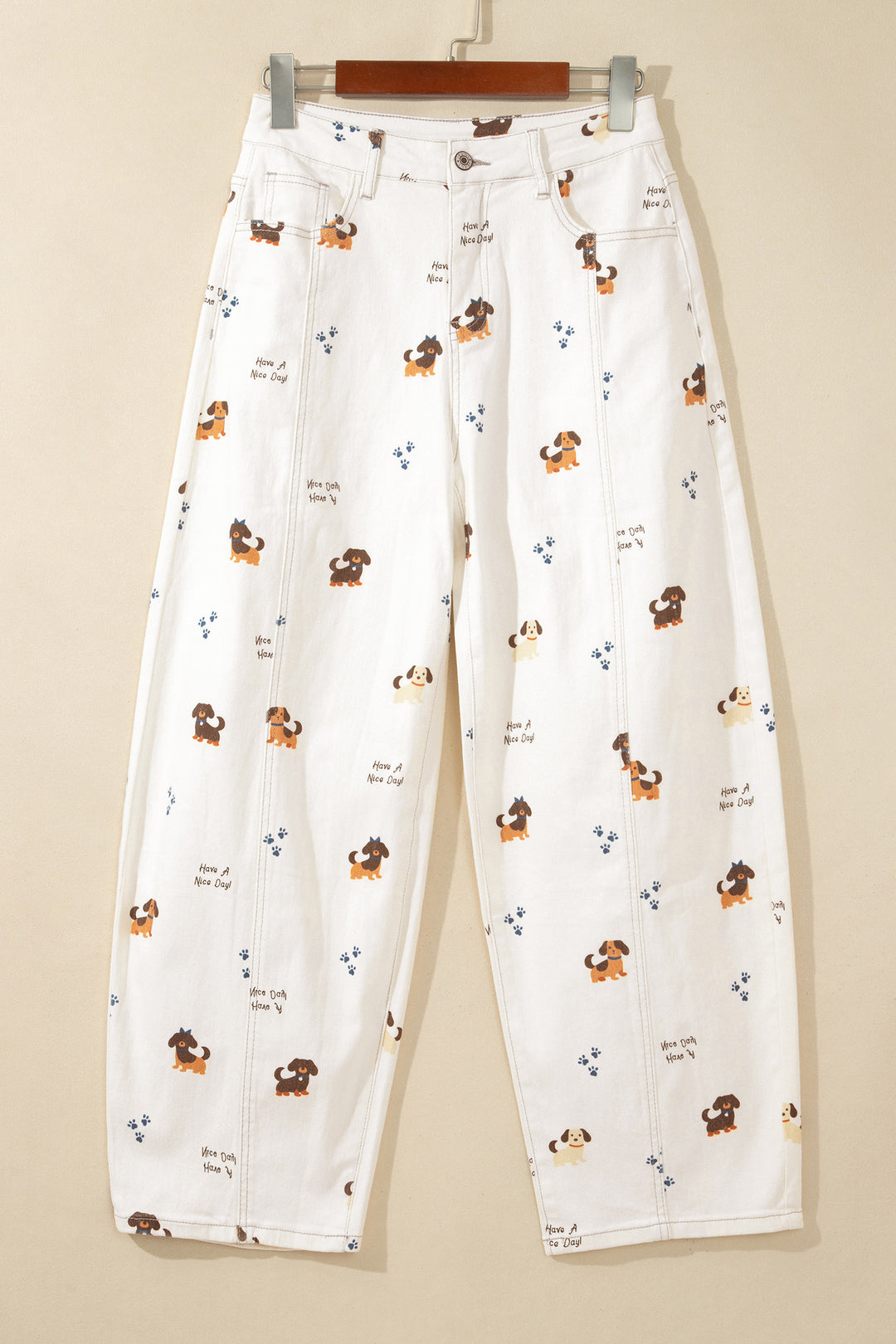 White Abstract Dog Print Wide Leg Full-Length Jeans