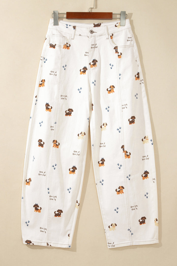 White Abstract Dog Print Wide Leg Full-Length Jeans