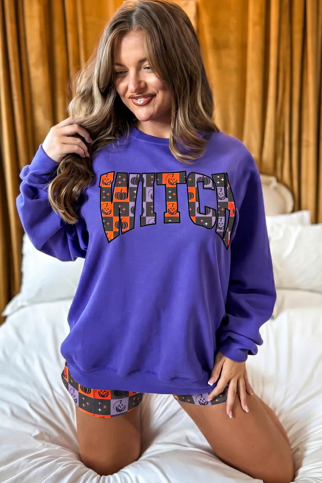 Orange Witch Letter Print Long Sleeve Top Checkered Elastic Waist Shorts Set