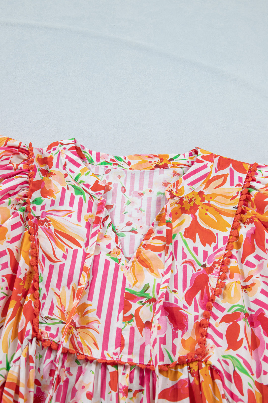 Pink Striped Floral Print Tie Neck Puff Sleeve Loose Mini Dress