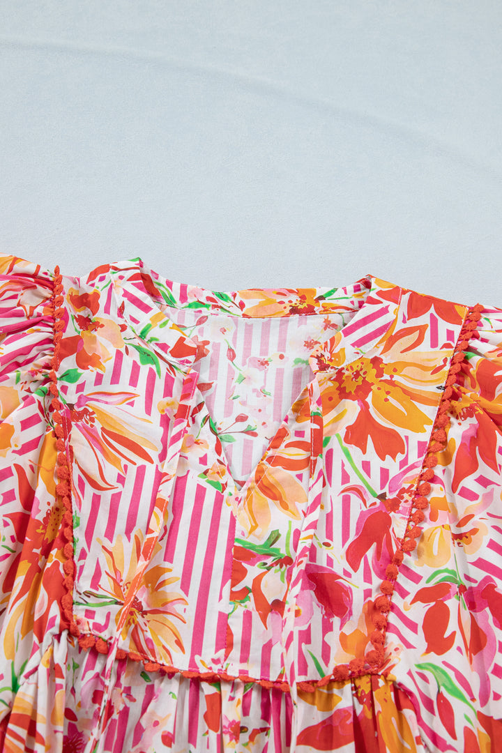 Pink Striped Floral Print Tie Neck Puff Sleeve Loose Mini Dress