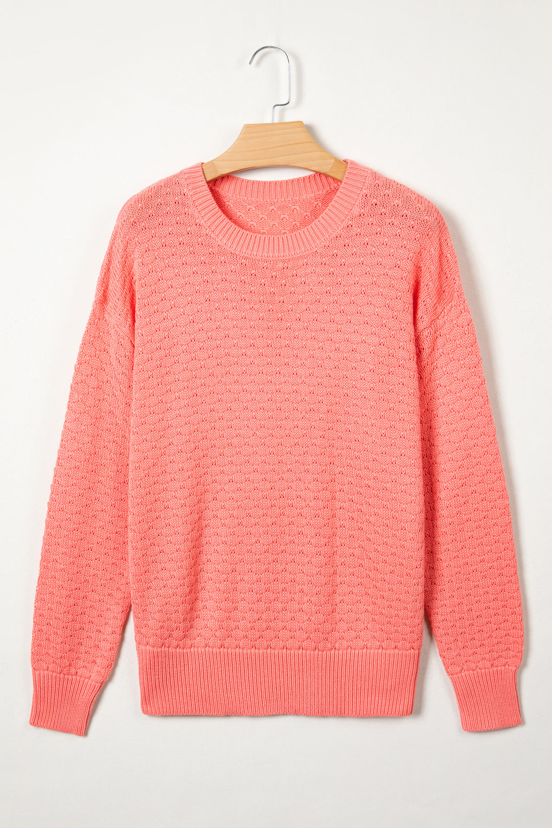 Coral Paradise Breathable Patterned Knit Drop Shoulder Pullover Sweater