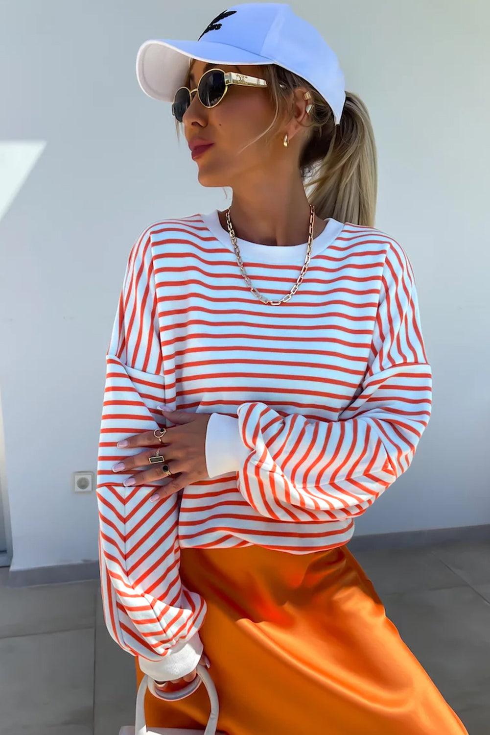 Orange Stripe Drop Shoulder Crew Neck Loose Sweatshirt