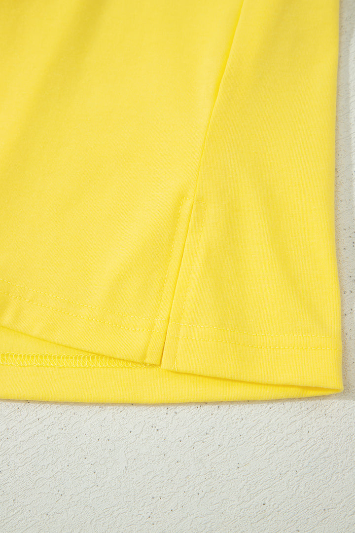 Yellow Solid Color V Neck Short Puff Sleeve Blouse