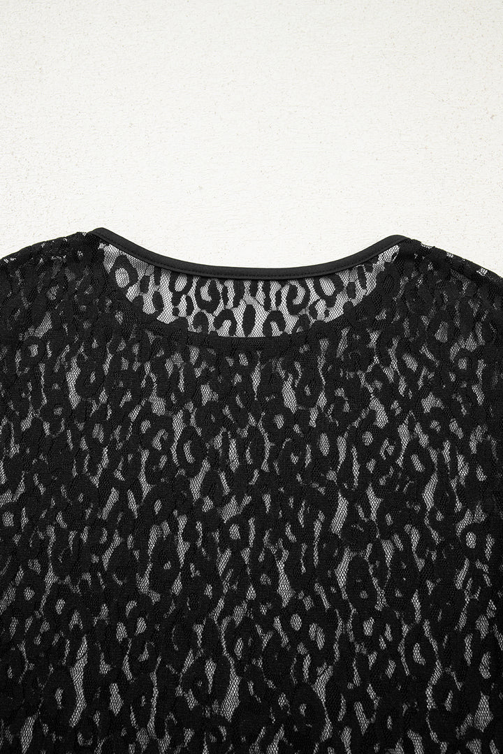 Black Leopard Pattern Sheer Mesh Long Sleeve Top