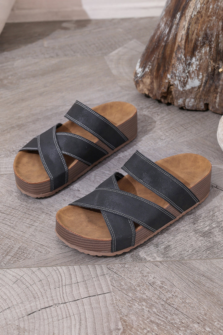 Color black Contrast Stitch Crossed Band Retro Platform Slippers