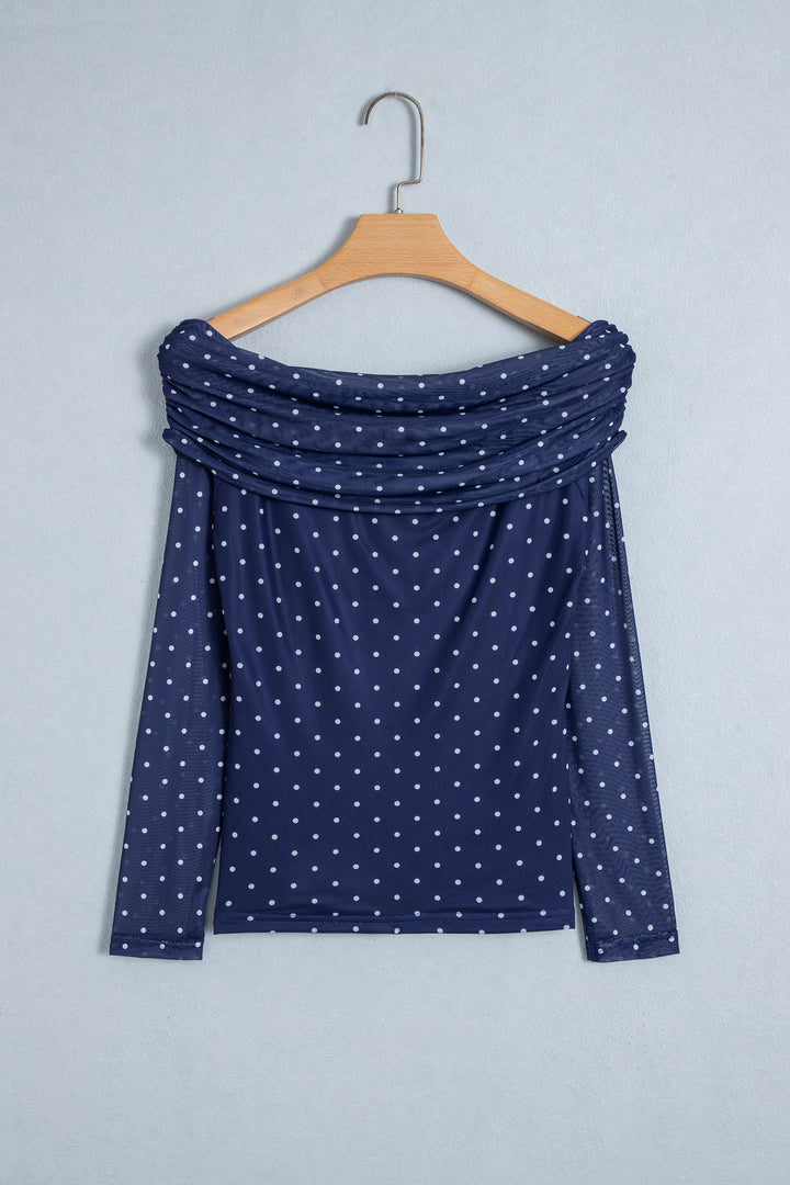 Blue Off Shoulder Polka Dot Mesh Long Sleeve Sheath Top