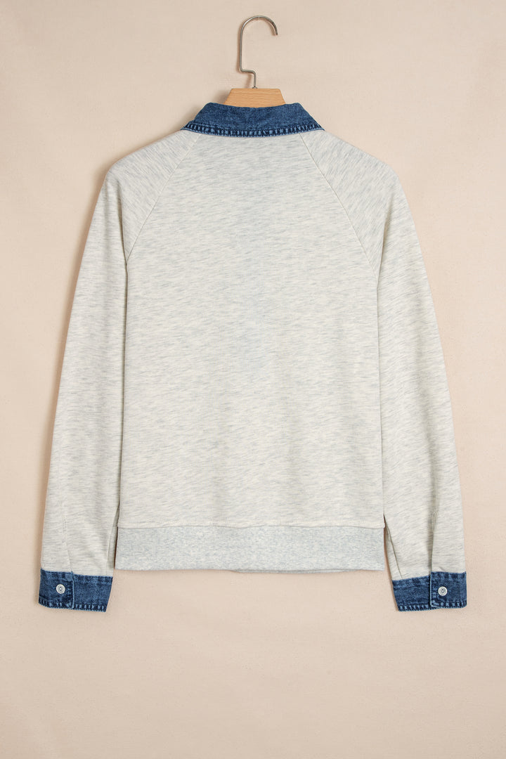 Gray Denim Collar Patchwork Long Sleeve Pullover Top