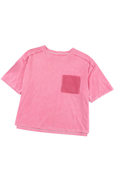 Pink Acid Wash Lace Patch Pocket T-Shirt