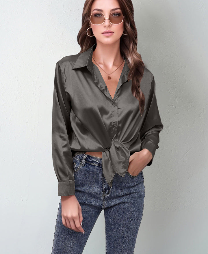 Women’s Satin Lapel Button-Down Blouse
