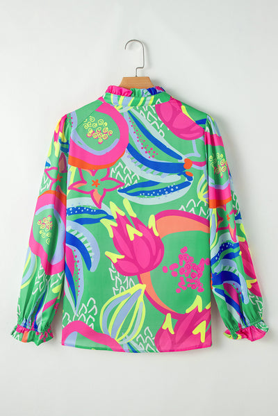 Green Abstract Print Ruffled Sleeve Buttoned V Neck Blouse