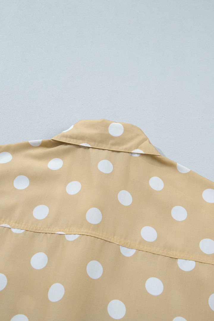 White Polka Dot Print Three Quarter Sleeve Ruffle Hem Casual Shirt