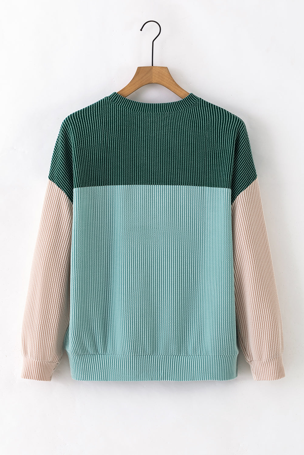 Green Color Block Long Sleeve Ribbed Loose Top