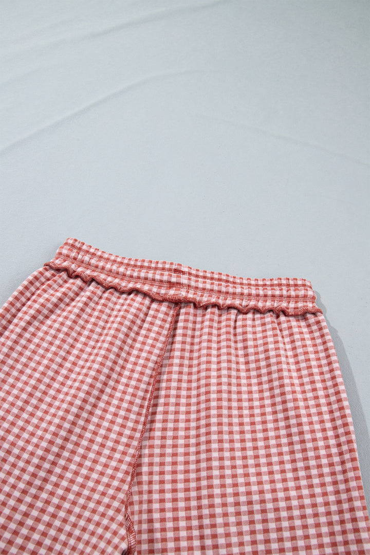 Green Plaid Contrast Trim Drawstring Elastic Waist Shift Pants