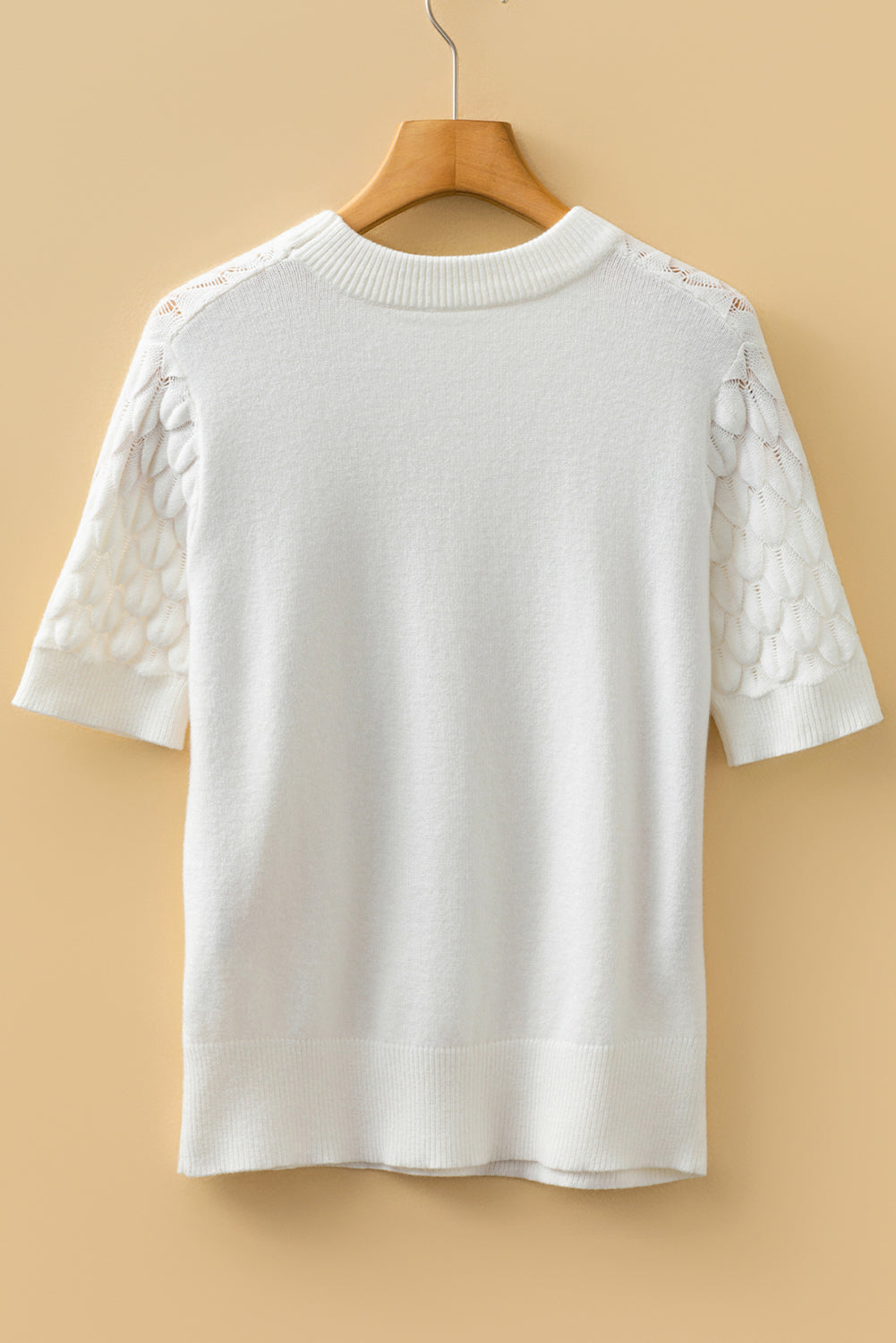 White Fish Scale Textured Knit Ribbed High Neck Short Sleeve Sweater
