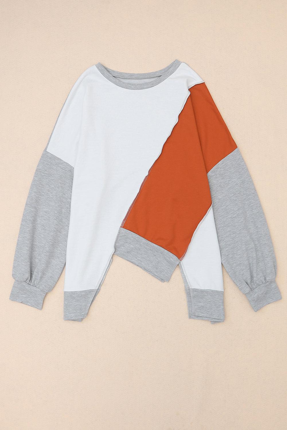 Khaki Colorblock Stitching Irregular Hem Long Sleeve Top