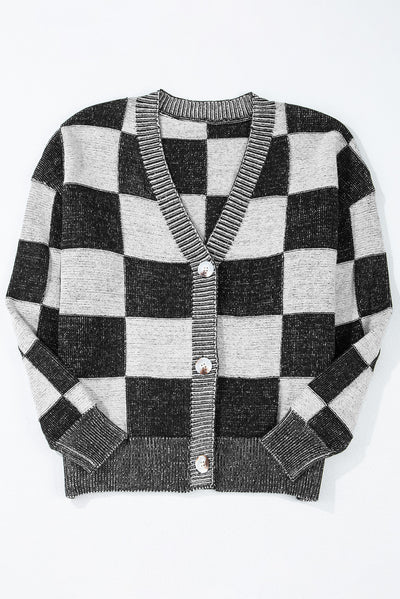 Black Checkered Drop Shoulder Buttoned V Neck Cardigan