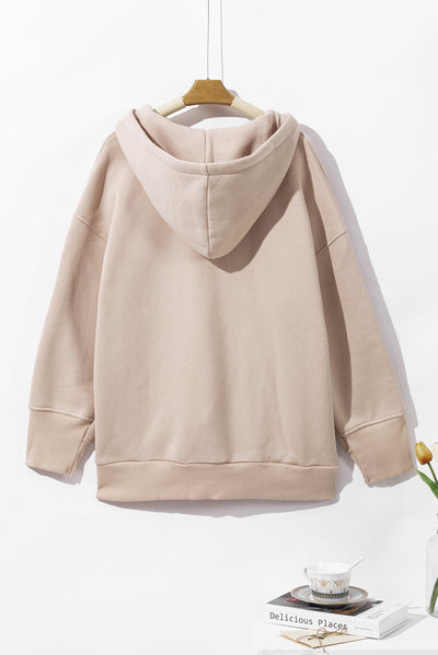 Beige Solid Color Pocketed Button Up Loose Hoodie