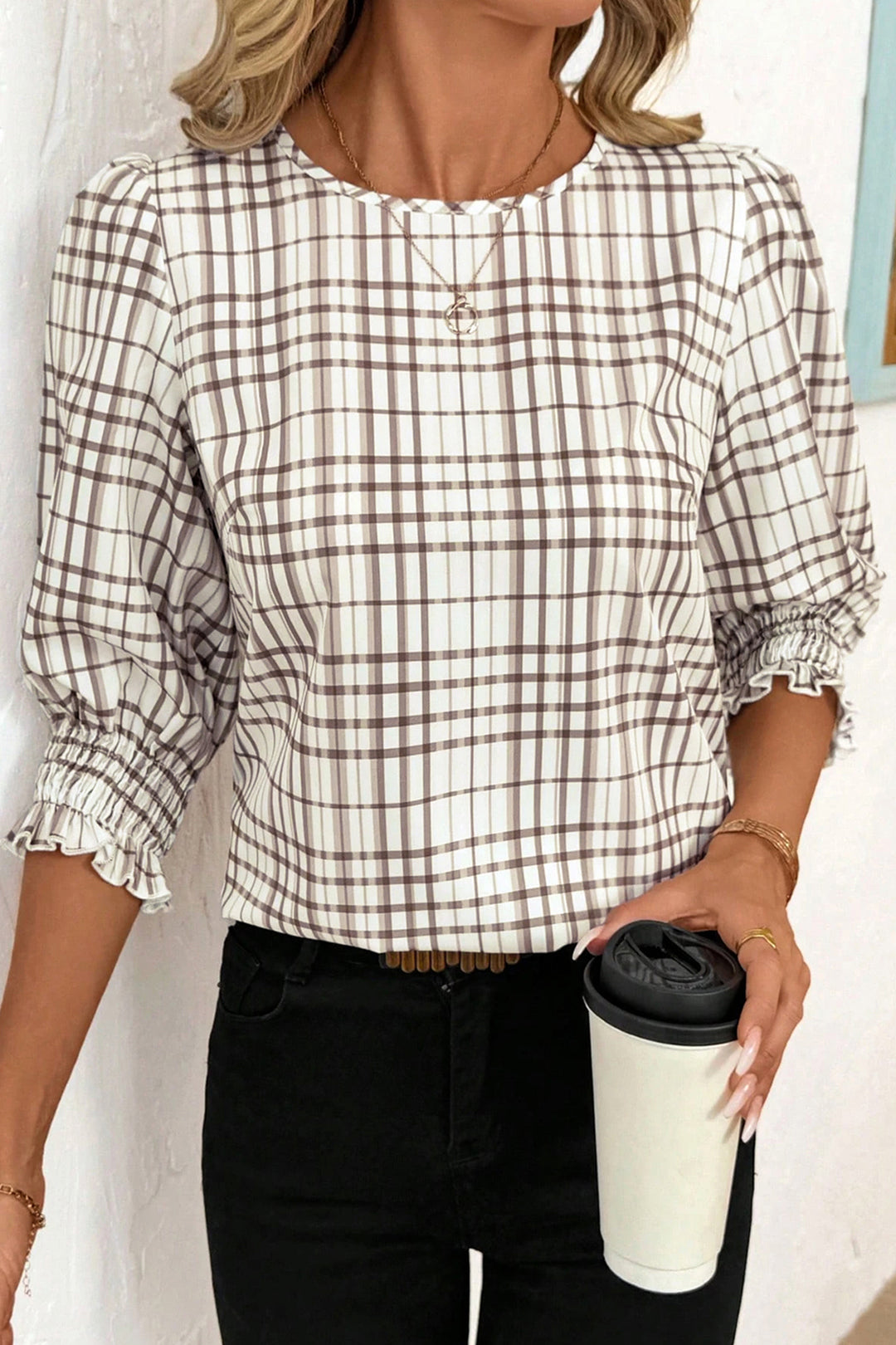 White Plaid Print Frilled Puffy Half Sleeve Blouse
