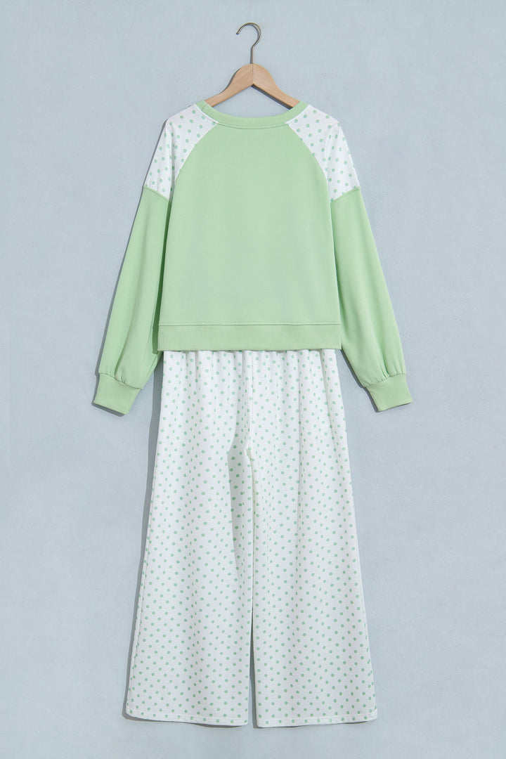 Khaki Polka Dot Patchwork Colorblock Long Sleeve Casual Two Piece Pants Set