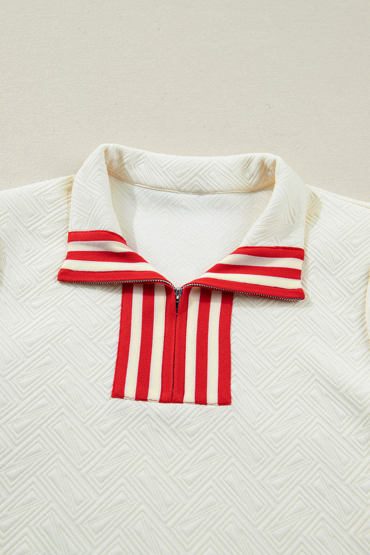 White Textured Knit Contrast Striped Accent Zipped Collar Pullover Top