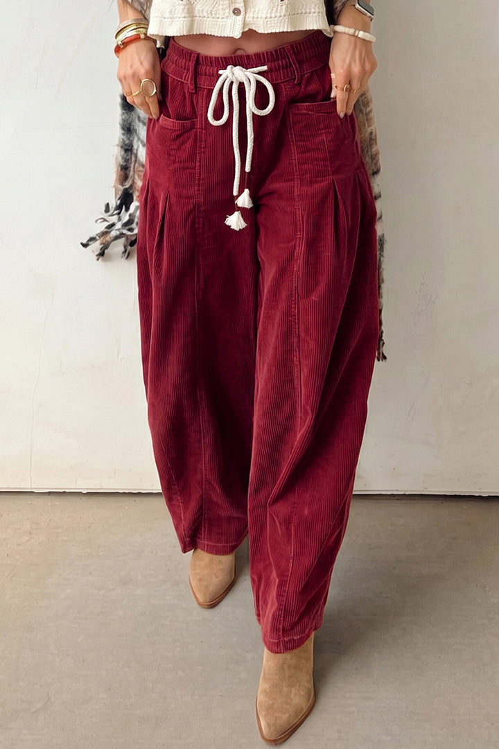 Racing Red Elastic Waist Drawstring Corduroy Casual Pants