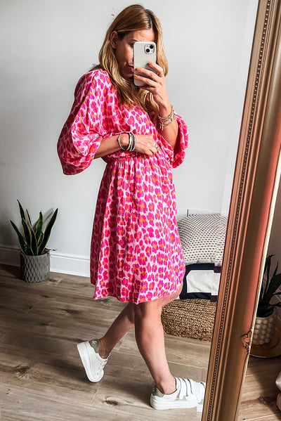 Pink Leopard Print Elasticated V Neck 3/4 Puff Sleeve Dress