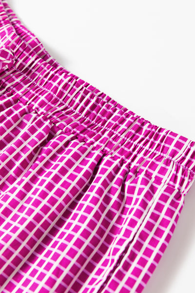 Pink Plaid Print Drawstring High Waist Wide Leg Casual Pants