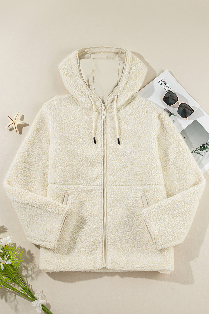 Medium Grey Fleece Zip Up Drawstring Hooded Pocketed Jacket