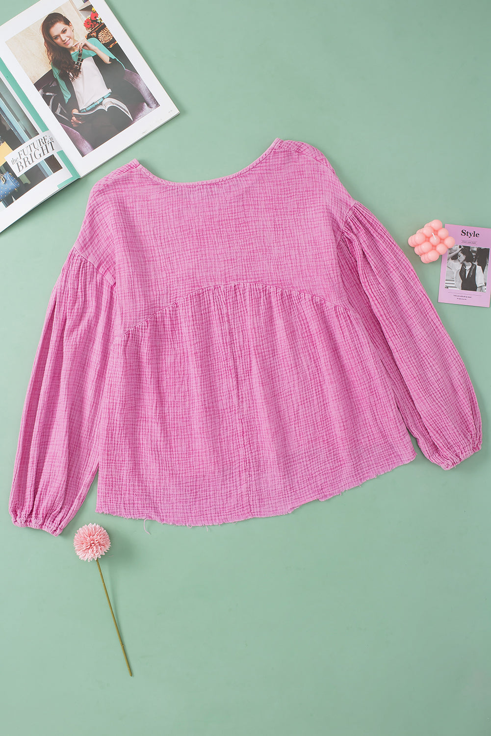 Pink Crinkle Bubble Sleeve Raw Hem Babydoll Blouse