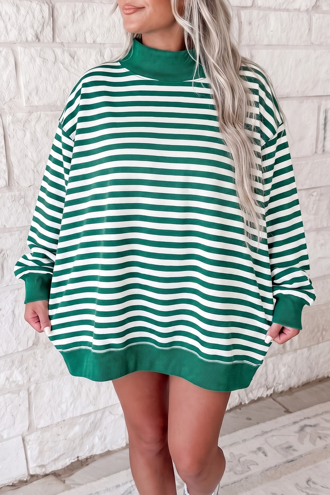 Gray Stripe Cozy Mock Neck Oversized Tunic Sweatshirt