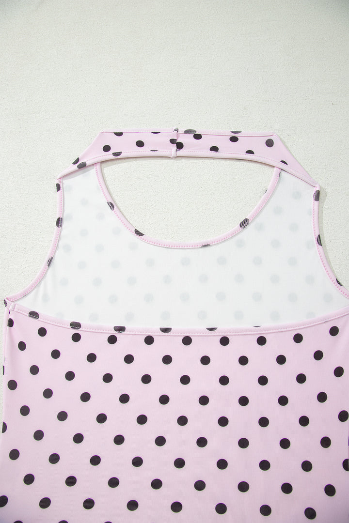 Brown Polka Dot Halter Tank Drawstring Elastic Waist Short Set
