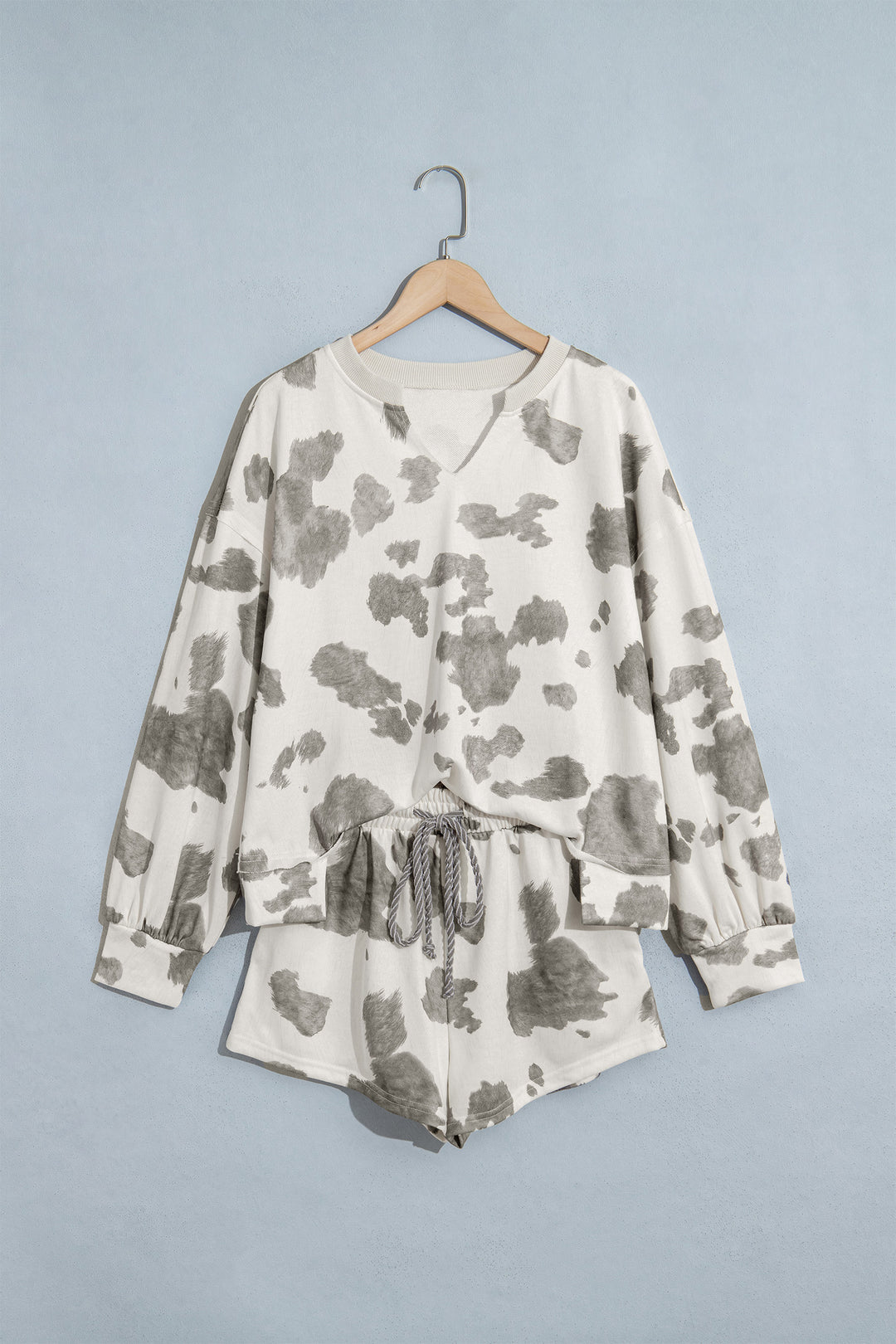 Gray Western Print Raw Hem Long Sleeve Top Drawstring Shorts Set