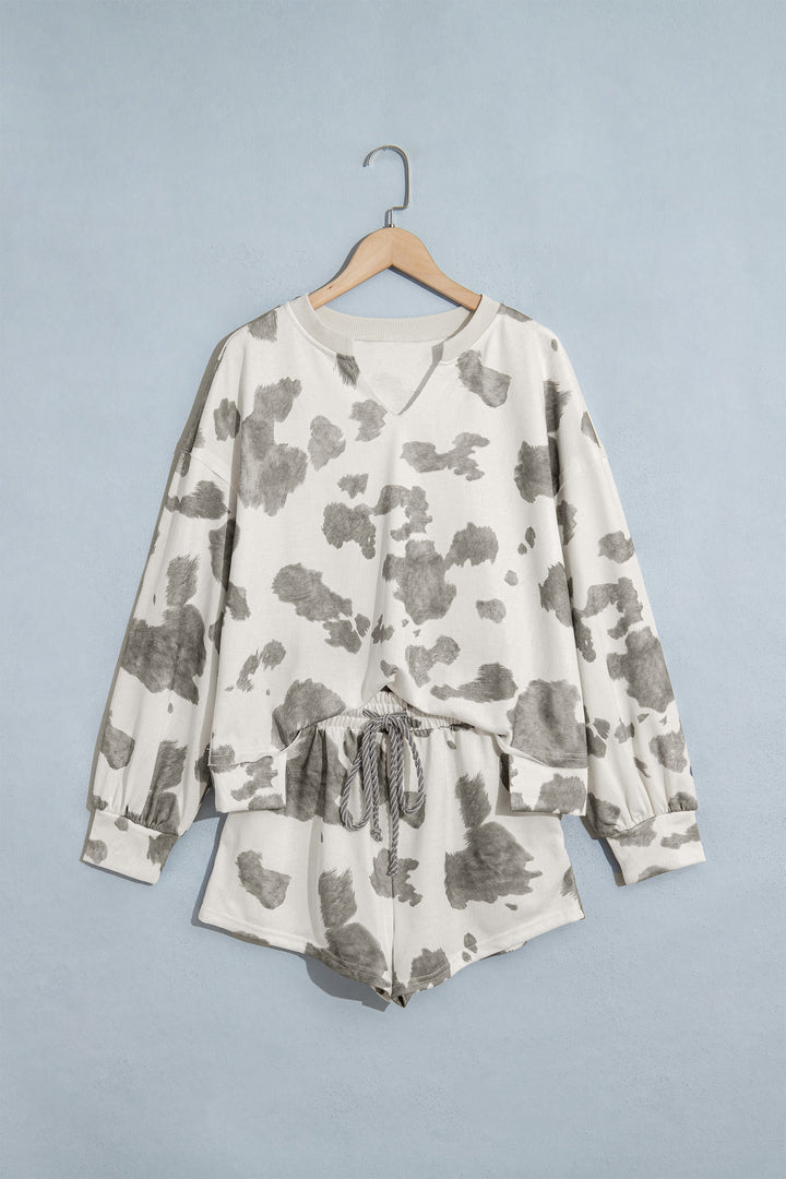 Gray Western Print Raw Hem Long Sleeve Top Drawstring Shorts Set