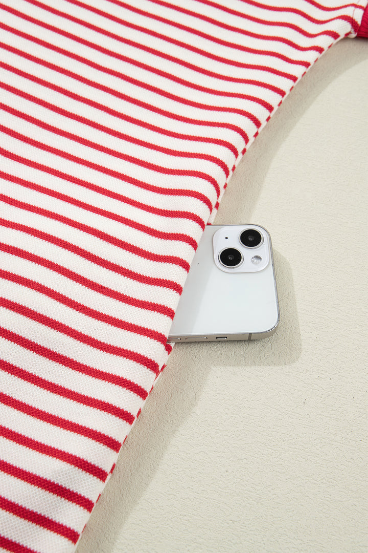 Red Stripe Quarter Zip Polo Collar T Shirt Dress with Pockets