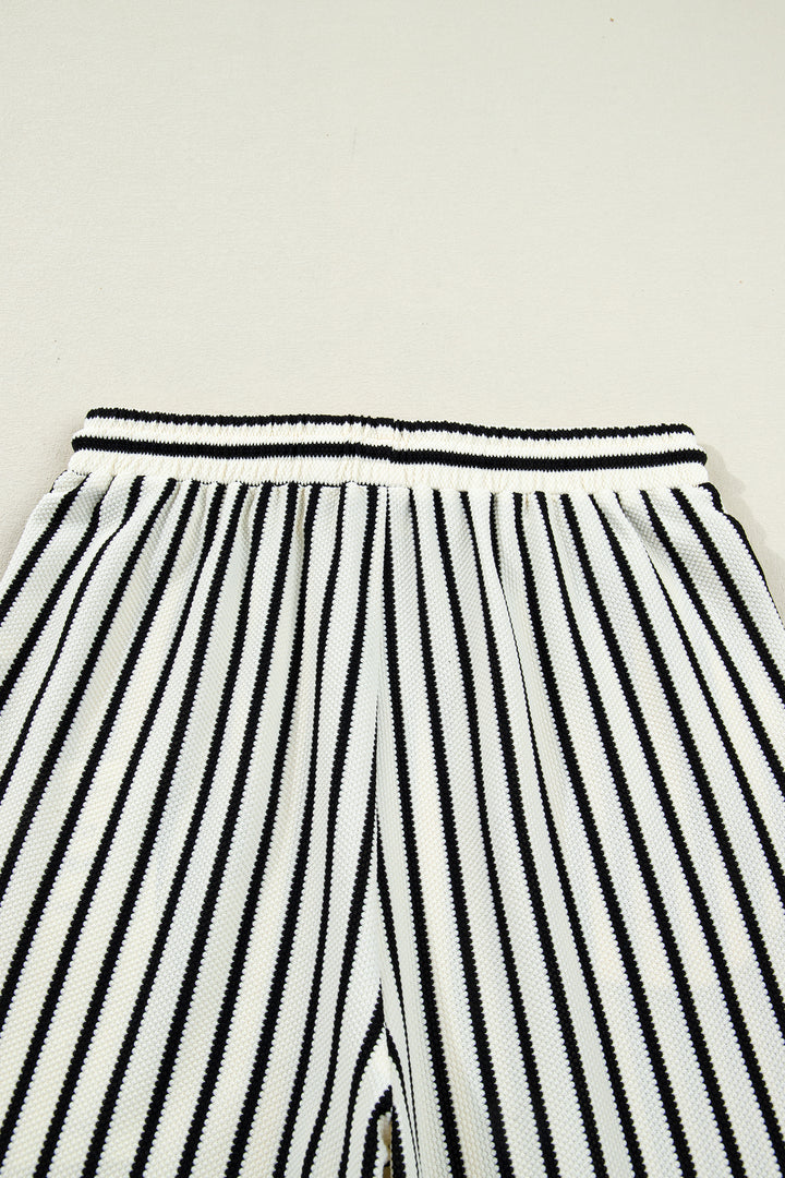 White Stripe Ruffle Trim Drop Shoulder Top Drawstring Loose Pant Set