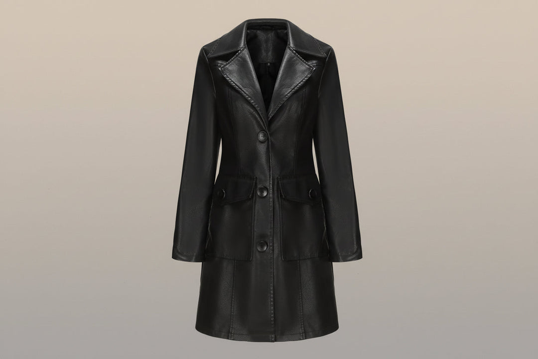 Women’s Long Leather Trench Coat – Fashion Outerwear