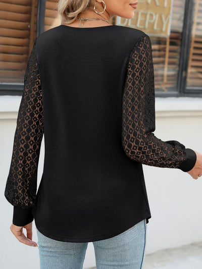 Cutout Round Neck Lace Long Sleeve Blouse