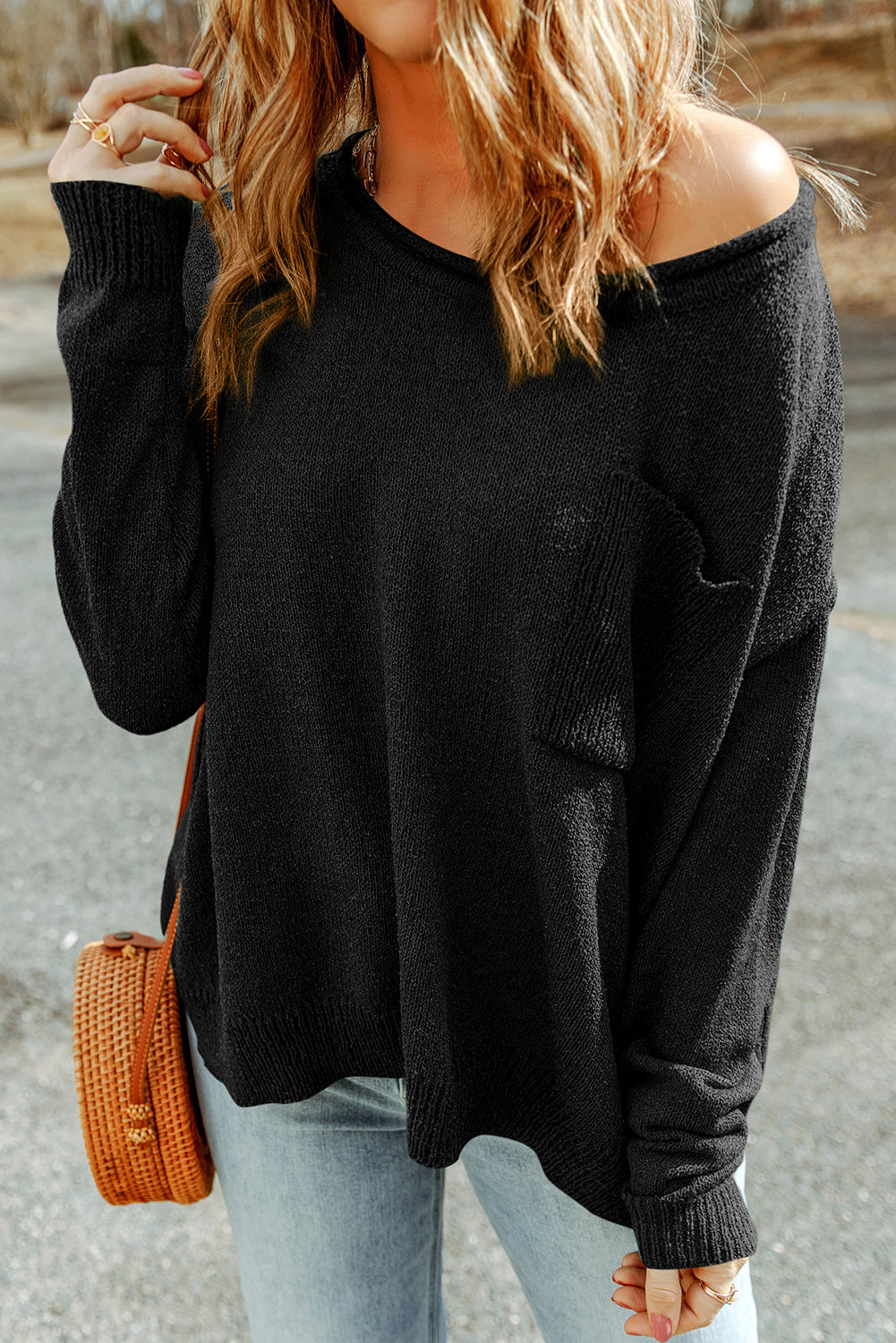 Green Solid Color Off Shoulder Rib Knit Sweater with Pocket