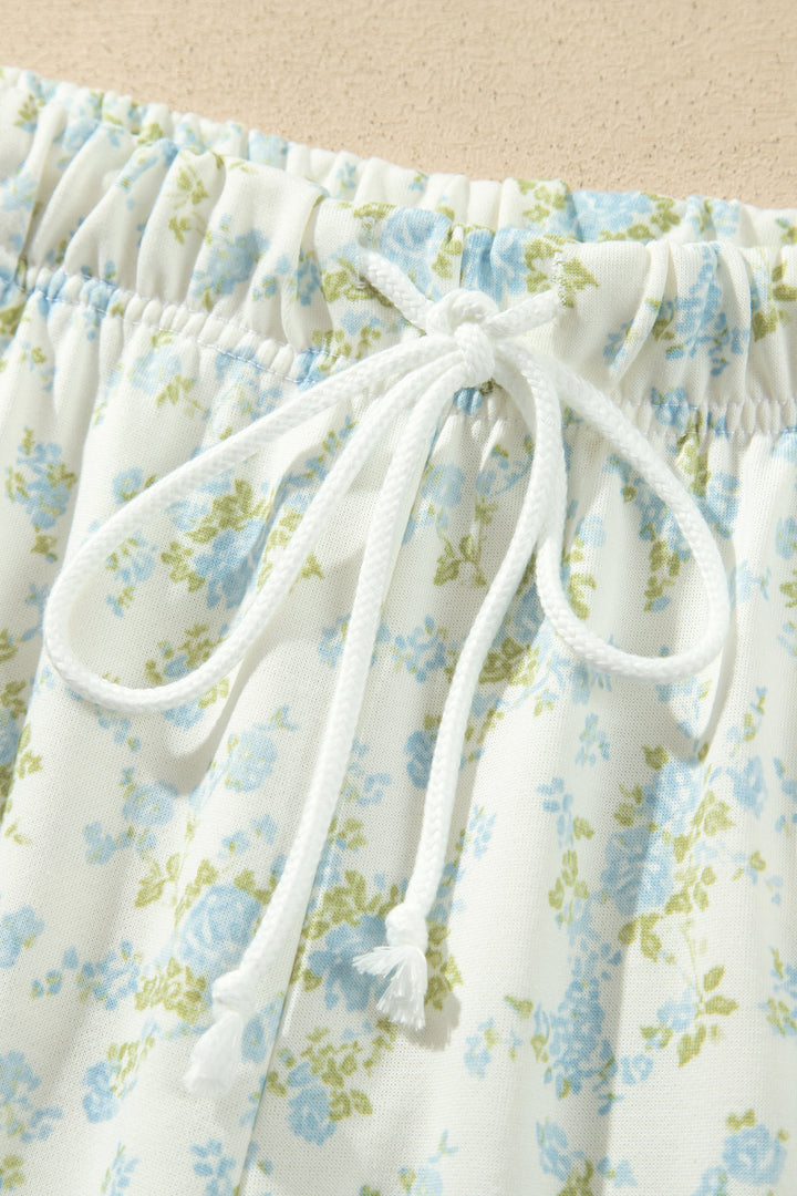 Sky Blue Floral Print Long Sleeve Top Drawstring Wide Leg Pants Set