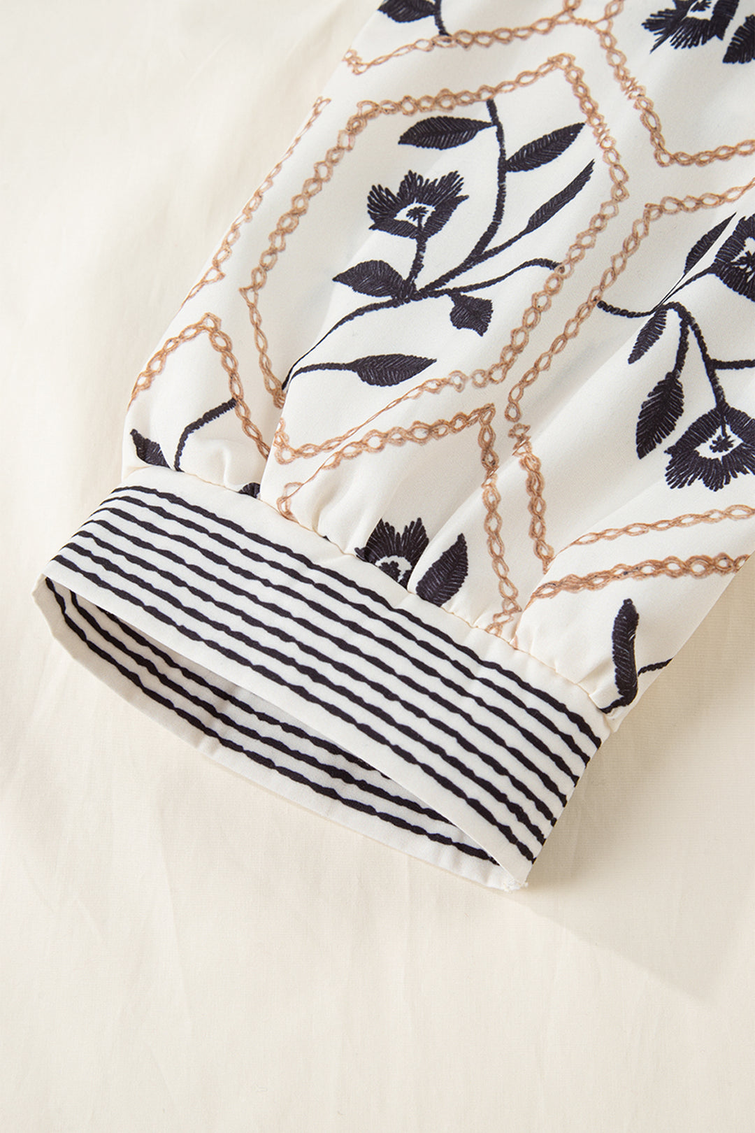 White Floral Puff Sleeve Contrast V Neck Patchwork Blouse