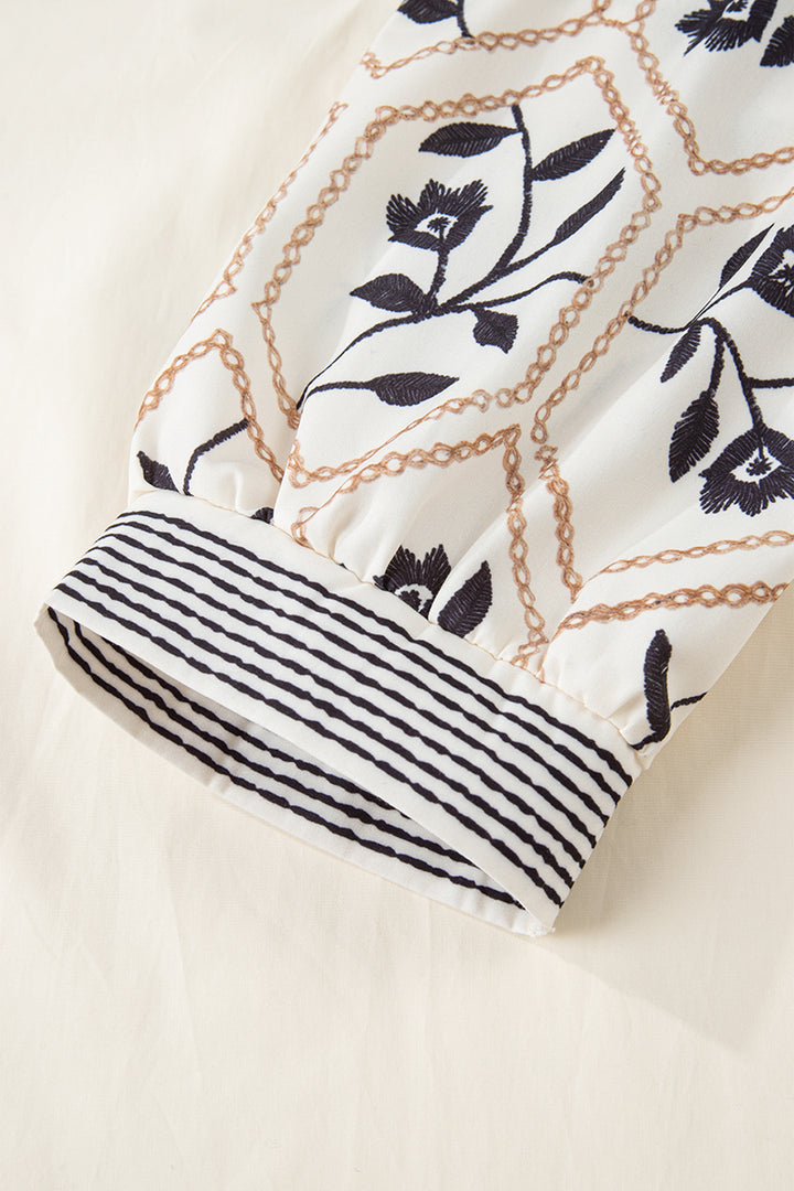 White Floral Puff Sleeve Contrast V Neck Patchwork Blouse