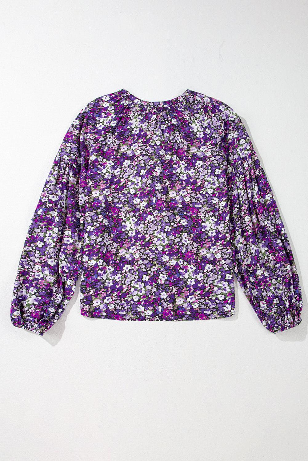 Purple Boho Flower Split V Neck Bubble Sleeve Blouse