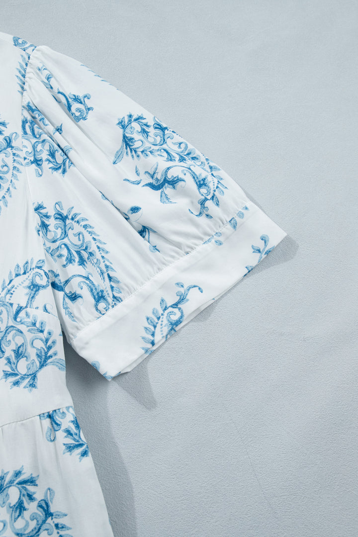 Sky Blue Plus Size Geometric Floral Print Button Split Neck Short Sleeve Maxi Dress