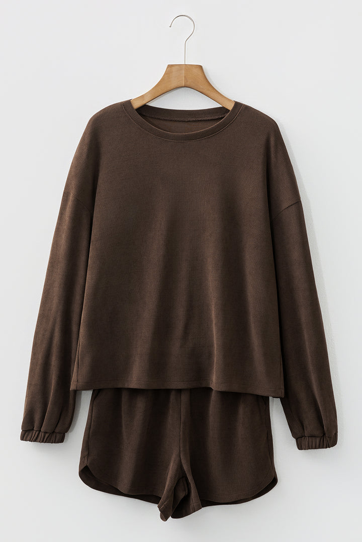 Dark Brown Solid Color Textured Knit Drop Shoulder Pullover Drawstring Shorts Set