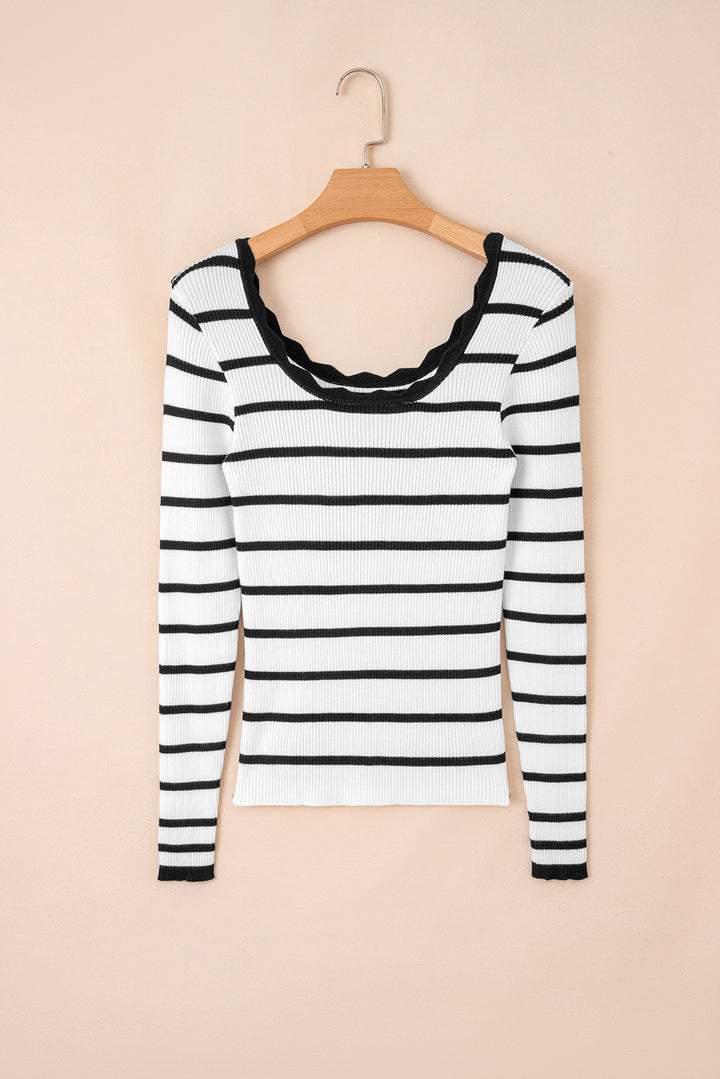 Black white Scalloped Trim U Neck Striped Ribbed Slim Sweater