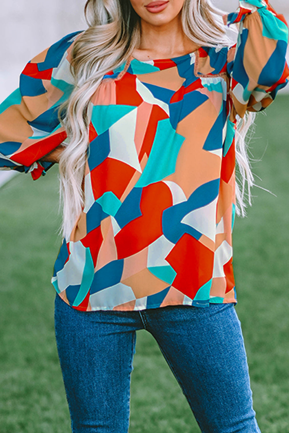 Multicolor Abstract Pattern Crewneck Ruffled Puff Sleeve Blouse